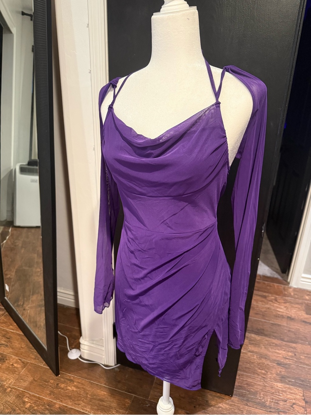 Purple Cowl Neck Mini Dress with Detachable Sleeves